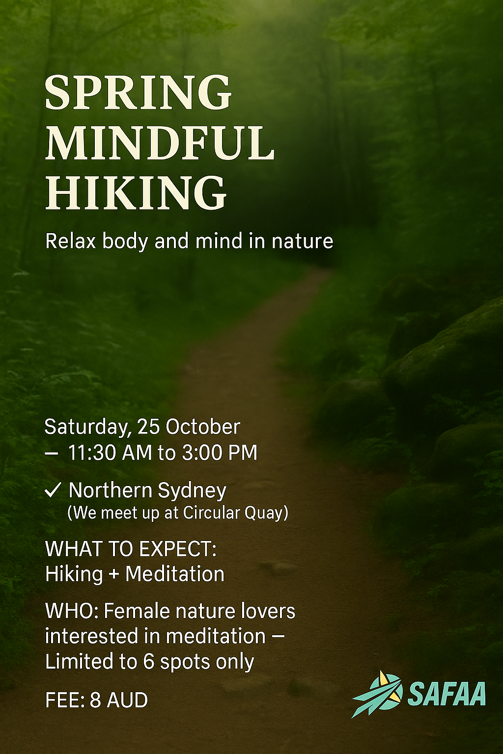 SAFAA Spring Mindful Hiking event poster