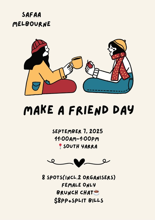 SAFAA Melbourne Make a Friend Day event poster