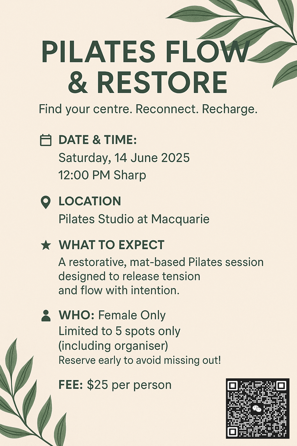 SAFAA Pilates Flow & Restore event poster